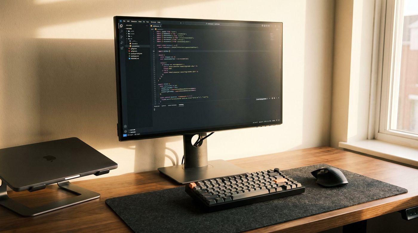 Clean programmer desk with a 27-inch monitor showing a code editor, a compact mechanical keyboard on a dark desk mat, and a laptop closed on a stand to the side