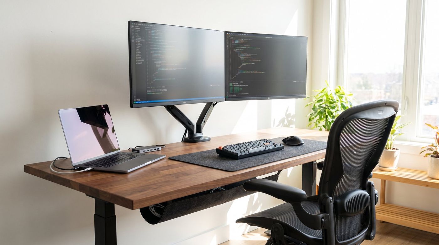 Wide standing desk with two 27-inch monitors on a single arm, a laptop docked to one cable, a mechanical keyboard, and a mesh ergonomic chair pulled up in a bright home office