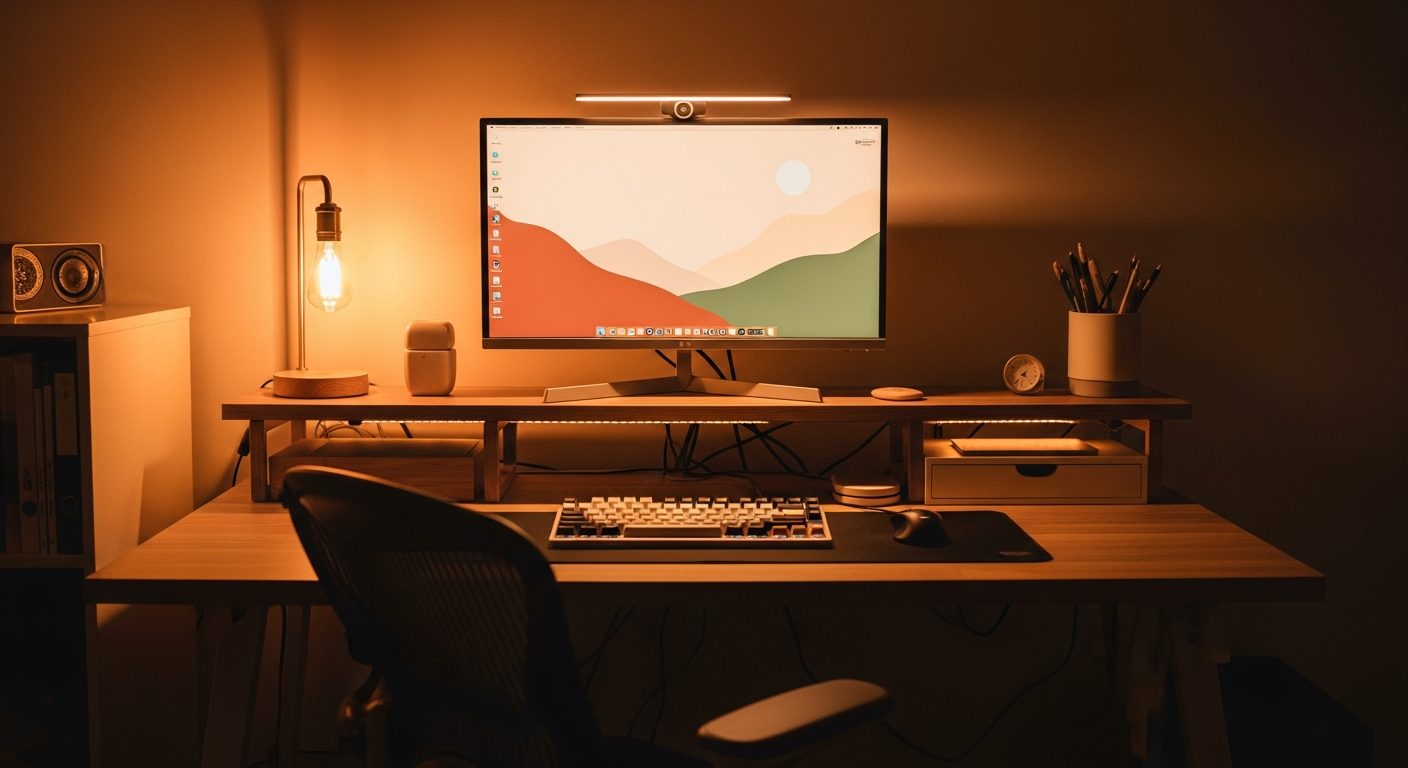 Cozy Home Office Setup with Warm Lighting and Plants