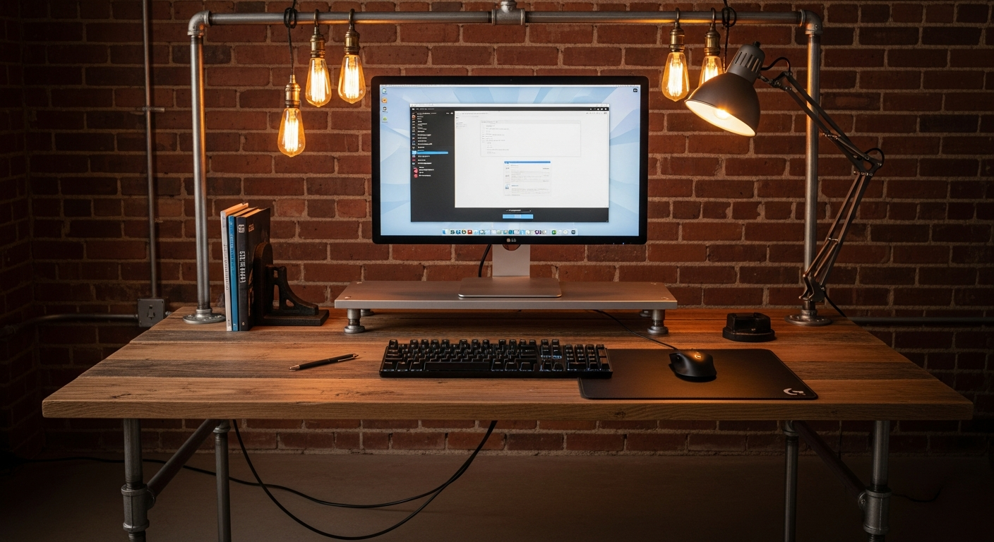Industrial Desk Setup with Steel Frame and Reclaimed Wood