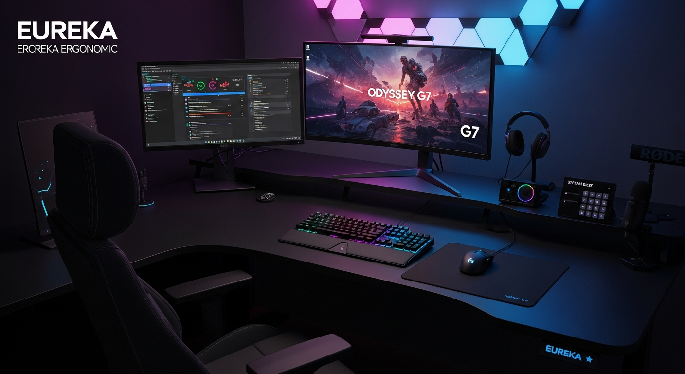 L-Shaped Gaming Desk Setup with RGB and Streaming Gear